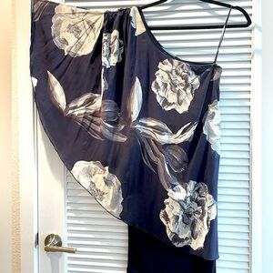 Alice+Olivia One Shoulder Silk Navy Floral Mini Dress